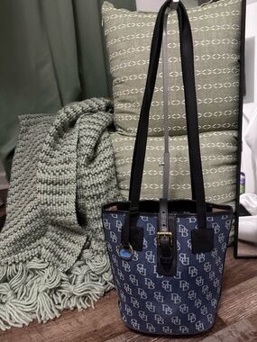 Dooney & Burke Monogram Denim Canvas Bucket Bag with Navy Leather Trim Rare